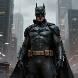 Batman wearing techwear, high quality, digital art, dire cyberpunk city, gray sky, greg rutkowski
