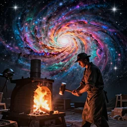 a galaxy exploding, psychedelic colors, a blacksmith swinging his hammer at his forge, realistic reflections, stars, psychedelic patterns, fractal