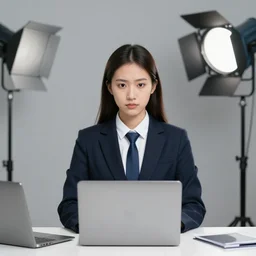 corporate portrait junior sales executive oblivious to soul crushing reality of life, professional studio lighting