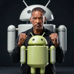 photo of angry will smith looking at android robot. centered, dramatic posing. cinematic. dark background, hyper detailed, 4 k, high quality, smooth, sharp focus, hyper reealistic, colored