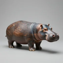 a zoomed out studio product shot of a rounded carved smooth cherry wood and blue resin hippopotamus, in profile, like a catalog photograph, mostly wood, with a smooth featureless minimalist look
