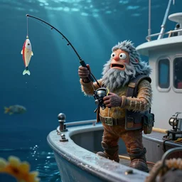 the mogwai gizmo goes deep sea fishing in a sportfisherman boat. gizmo is fishing for swedish fish candy by using gummi worm candy as bait. photorealistic digital art, epic fantasy, dramatic lighting, cinematic, extremely high detail, cinematic lighting, trending, artstation, cgsociety, 3 d ue 5, 4 k, hq