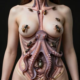 the inside of a woman body , Surreal photo real , with insects and octopussys