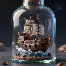 “Very detailed pirate ship inside a glass bottle, flying through space, close up, fantasy digital art”