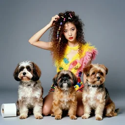 a studio portrait of a beautiful fashion model that is curling her hair and hir dogs in the curls. surreal photograph, toiletpaper magazine, 3 5 mm photograph, colourful, by pierpaolo ferrari, maurizio cattelan, sandy skoglund