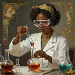 female mad scientist mixing strange concoctions, dark skinned, large safety glasses, stabilising shot, intricate, elegant, highly detailed, digital painting, artstation, concept art, matte, sharp focus, illustration, art by artgerm and greg rutkowski and alphonse mucha