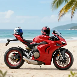 a beautiful realistic large plan, photo of a red ducati motorbike with an helmet on the saddle, a beautiful beach in the background, dream, postcard, peace
