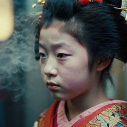 profile 3 / 4 face realistic photography of a japanese cyborg geisha 3 5 years old, short hair, few wrinkles around eyes, cinematographic, street photography of tokyo, cinematic light, close up view, grainy image, intense, a bit of smoke and fog around, filth and grim, 5 0 mm lens