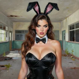 detailed painting of aubrey plaza wearing a playboy bunny outfit, really large bust, intricate features, 8 k, by greg rutkowski, artgerm, derelict schoolyard.