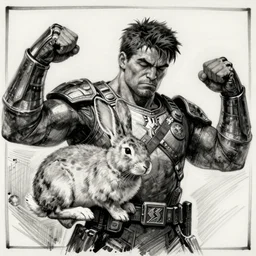 rabbit!!! jim lee!!! medium shot!! flat grayscale ink sketch by jim lee close up in the style of jim lee, depressed dramatic bicep pose, swat soldier armor borderlands hulk rabbit animal by jim lee