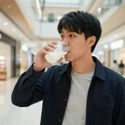 a guy drinking milk in mall