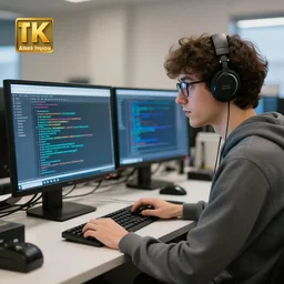 a nerd on computer testing how image prompts work, 4k