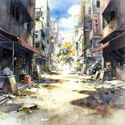 incredible anime movie scene, watercolor, harsh bloom lighting, rim light, abandoned city, paper texture, movie scene, caustics shadows, deserted shinjuku junk town, old pawn shop, bright sun bleached ground, phantom crash, yellow dragon festival, robot monster lurks in the background