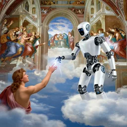 modern mechanical robot on the clouds is touching a human with ligtning fingers, classical religious painting from the sistine chapel