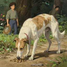 white brown greyhound stealing food, natural lighting, path traced, highly detailed, high quality, digital painting, by don bluth and ross tran and studio ghibli and alphonse mucha, artgerm