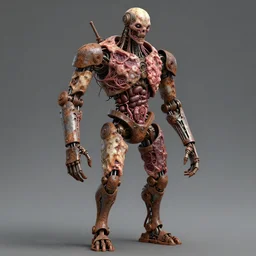 technobiological rusty humanoid robot consisting of ripped flesh and iron and bones and guts and iron and meat and skin and veins and kidneys and entrails. biopunk, bodyhorror, very rust, high detail, photorealism, full length view, octane render, cgsociety by hermann nitsch