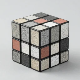 Unsolved Rubik's cube made of various types of stone, studio photograph,