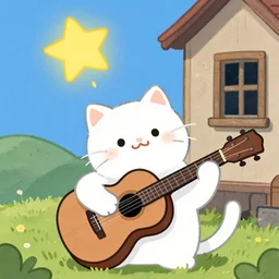 detailed illustration of a white cat with a black spot on her trunk playing guitar, an old house with a window over a hill, blue sky, a big star falling