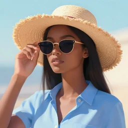 a dark skin girl, with sunglass, straw hat, blue shirt, art by by sylvain sarrailh, rhads, ferdinand knab, trending on artstation, cinematic light, pastel colors, high radiosity