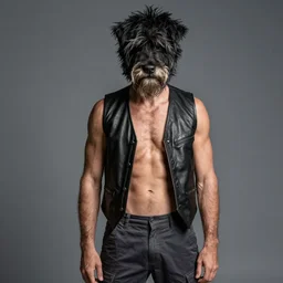 photo of fabio lanzoni scruffy with black black hair and a five o clock shadow wearing a black leather vest, shirtless, dark cargo pants 9 9 9 9 9 9 9 9 9