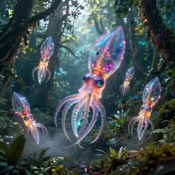 glowing squid holograms, foggy jungle in the background, vibrant fantasy concept art by greg rutkowski