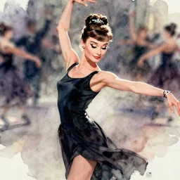 cyberpunk audrey hepburn ballroom dancer, intricate watercolor portrait by greg rutkowski, trending on pixiv