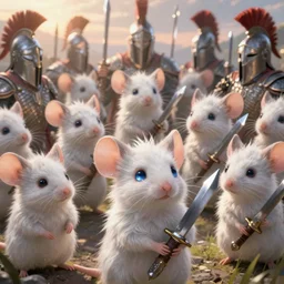 dungeons and dragons fantasy painting, phalanx of mice spartans, whimsical and cute, determined expressions, watery eyes, anime inspired, white fur, tufty whiskers, steel blades, dawn lighting, by brain froud jessica rossier and greg rutkowski