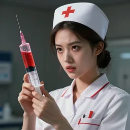 crazy and dangerous nurse looking at a big syringe filled with a red bubbling liquid, illustration