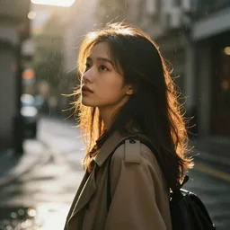 it's raining, the sun is shining, the girl is facing the sun in backlight, street photography,warm colors Sony a7R
