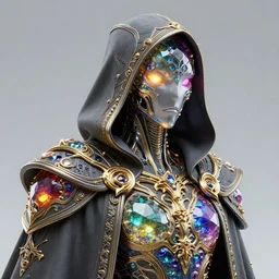 cybernetic crystal assassin, trending concept portrait, smooth matte 3 d artwork, realistic, intricate linework, beautiful spectrum of colorful gems on ornate dark grey armor cloak, multicolored, sharp focus, glowing, hooded, gothic baroque! gold!, specular, futuristic, detailed, moody, magical, wlop, chebokha, rutkowski, artgerm