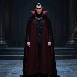 a vampire, male, late - 4 0 s aged, long, slicked black hair, clean shaven, wearing a cape, regal, royal, grim facial expression, high fantasy, cinematic shot, red and black colors, full body shot.