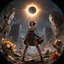 An epic fantastic realism comic book style a girl in a skirt on the background of a ruined city, bouquets, solar eclipse, fisheye, unreal 5, DAZ, hyperrealistic, octane render, dynamic lighting