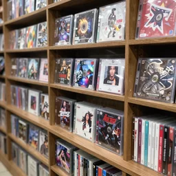 photograph of the inside of a DVD shop, detailed