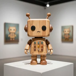 ultra realistic 8k octan photo, wooden art toys on piedestal cute robot , cute ,on a contemporary art gallery