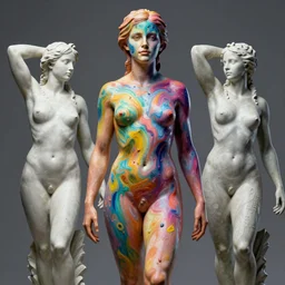 statue of Emma Watson by Jean-Baptiste Carpeaux and Luo Li Rong and Michael James Talbot, all body, standing athletic pose, perfect symmetrical face, psychedelic colors, bodypaint, acrylic paint splashes, in full growth, elegant, realistic, 8K, female full-skin figure, hyperrealism, subsurface scattering, raytracing, rim light, Octane Render, Redshift, Zbrush