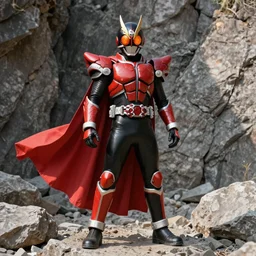 High Fantasy Kamen Rider with a flowing cape, single character, full body, 4k, rock quarry location, vibrant colors, daytime, glowing eyes, rubber suit, biomechanical armor, fantasy inspired segmented dragon armor, ultra realistic, high quality, cinematic, centered, cinematography