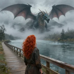 a realistic digital painting of a woman with curly long redhair standing in a boardwalk besides a river looking at a ((dragon)) in the mountains that is covered by a fog in a thunderous weather