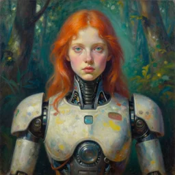 holy young female battle robot award winning, portrait bust symmetry faded lsd colors forest background tim hildebrandt wayne barlowe bruce pennington donato giancola larry elmore masterpiece trending on artstation cinematic composition beautiful lighting hyper detailed!!! 8 k oil on canvas