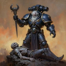 painting of elder lich tech priest raising the dead, adeptus mechanicus, cybernetic enhancements attached to his body, zdzislaw beksinski, lewis jones, dariusz zawadzki, wayne barlow, warhammer 4 0 k, cold hue's, warm tone gradient background, concept art, digital painting