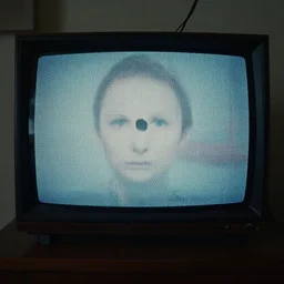 a television with static playing on it, film still from the movie directed by Denis Villeneuve with art direction by Zdzisław Beksiński, wide lens