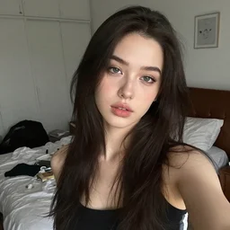gorgeous social media influencer, age 22, beautiful selfie, messy bedroom, Art by Jana Brike, high quality, perfect composition, melancholic