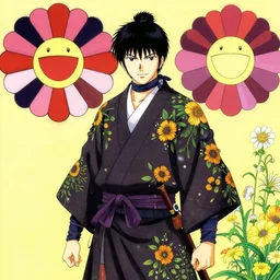 ancient chinese ninja, ninja robes, wearing wild flowers, by miho hirano, takashi murakami, horohiko araki