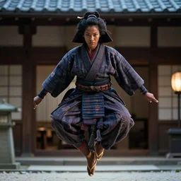 a film still of a black woman starring in a japanese blockbuster film as ancient samurai, levitating mid air, intense, shallow depth of field, cinematic, award winning cgi, vfx, film still