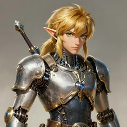 portrait of link from zelda, robot steampunk, metallic! horizon zero dawn machine, blond hair, intricate, elegant, highly detailed, led details, digital painting, artstation, concept art, smooth, sharp focus, illustration, art by artgerm and greg rutkowski and alphonse mucha, 8 k