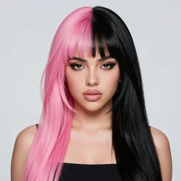 melanie martinez with pink on the left side and black on the right side mullet long hair, digital art