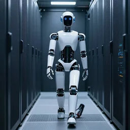 a robot walking in a server room, cool vibe