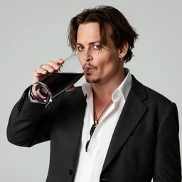 johnny depp taking a sip from a megapint of red wine, photograph