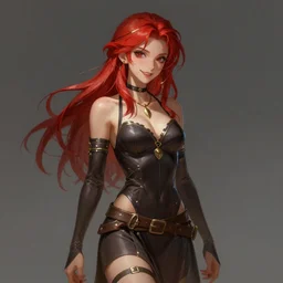 rogue anime girl , hourglass slim figure, redahair and attractive features, dungeons and dragons portrait, seductive smile, highly detailed, digital painting, artstation, concept art, sharp focus, illustration, art by artgerm and greg rutkowski and alphonse mucha