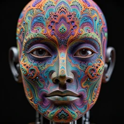 symmetrical close up roboter face with eyes and mouth, black background, shaman, colorful, psychedelic trip, patterns, fine mandelbrot fractal lace, 1 5 0 mm, soft rim light, elegant, hyper real, depth of field, sharp focus, ultra detailed, octane render, giger beksinski, 1 6 k