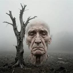 photographic portrait of a wrinkly sad face, dried melting tree in fog, by max ernst and alfred pellan